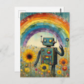 Robot in een bloemenweide met een regenboog encaus briefkaart (Voorkant / Achterkant)