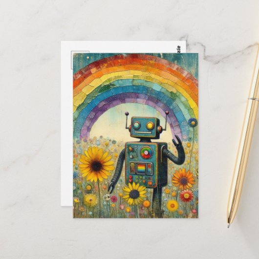 Robot in een bloemenweide met een regenboog encaus briefkaart (Voorkant / Achterkant in situ)