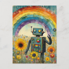 Robot in een bloemenweide met een regenboog encaus briefkaart