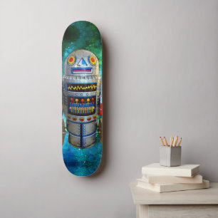 Robot in  Retro Blauw Groen Galaxy Cool Schattige Persoonlijk Skateboard