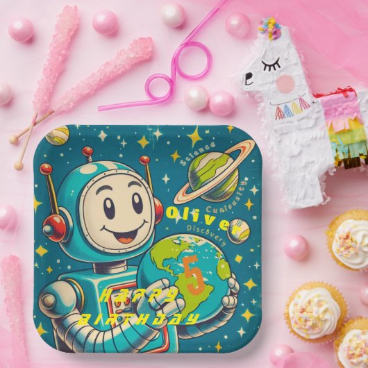 robot in ruimtewetenschap nieuwsgierigheid papieren bordje (Feest)