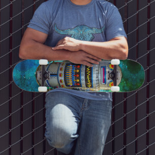 Robot in vintage retro blauw groene sterrenstelsel persoonlijk skateboard