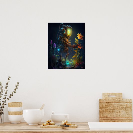 Robot Kijkend naar Bloemen Poster (Keuken)