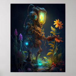 Robot Kijkend naar Bloemen Poster