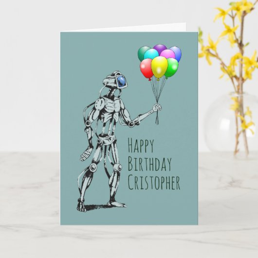 Robot met ballonnen Birthday Kaart (Gele Bloem)