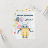 Robot met ballonnen Happy Birthday Wenskaart Kaart (Voorkant / Achterkant in situ)