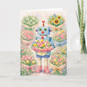 Robot met Bloemen – Pastel Waterverf Kaart