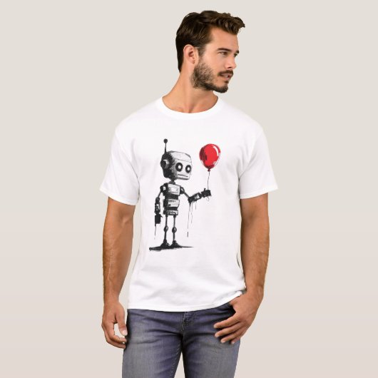 Robot met een ballon - Minimalistische kunst T-shirt (Voorkant volledig)