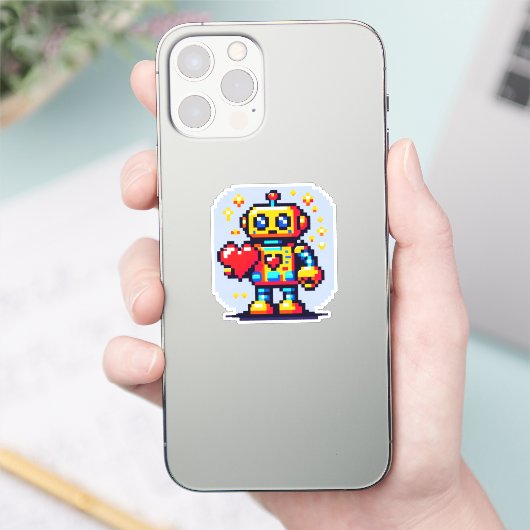 Robot met een hart - Schattige Pixel Art Sci-Fi-on Sticker (Telefoon)