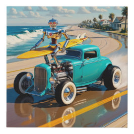 Robot met een surfplank bovenop een oldtimer imitatie canvas print