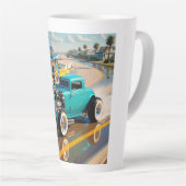 Robot met een surfplank bovenop een oldtimer latte mok (Rechterhoek)