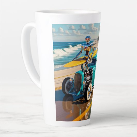 Robot met een surfplank bovenop een oldtimer latte mok (Linkerhoek)