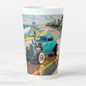 Robot met een surfplank bovenop een oldtimer latte mok (Voorkant)