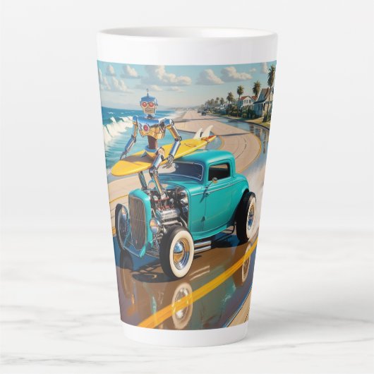 Robot met een surfplank bovenop een oldtimer latte mok (Voorkant)