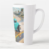 Robot met een surfplank bovenop een oldtimer latte mok (Rechts)