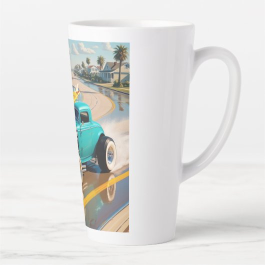 Robot met een surfplank bovenop een oldtimer latte mok (Rechts)