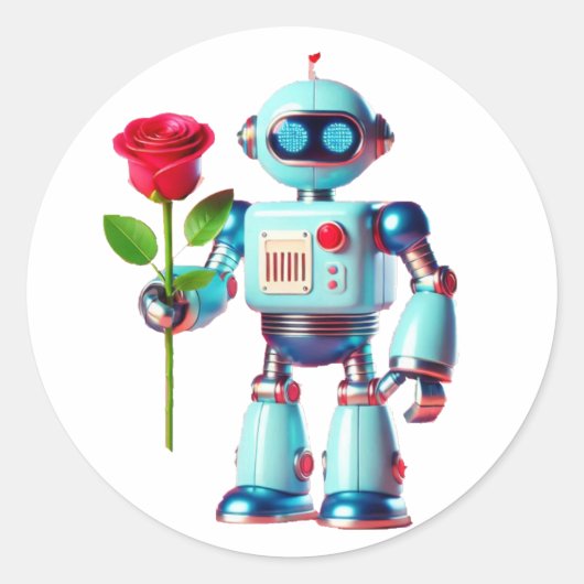 Robot met Roos Ronde Sticker (Voorkant)