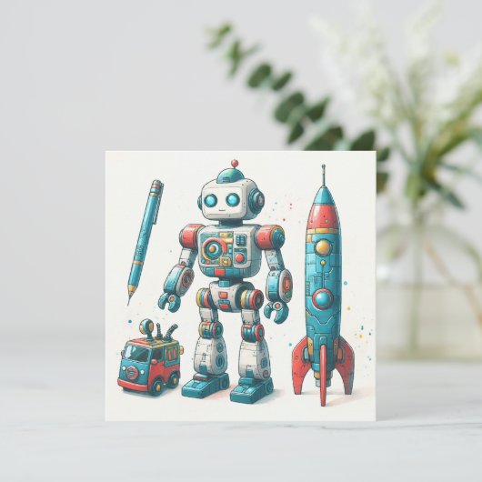 Robot met ruimteschip feestdagenkaart (Staand voorkant)