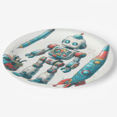 Robot met ruimteschip papieren bordje (Gekanteld)