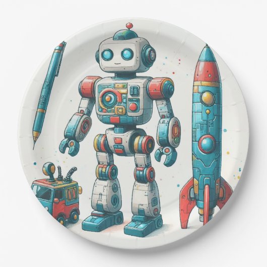 Robot met ruimteschip papieren bordje (Voorkant)