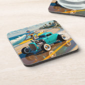  robot met surfplank, op het strand bier onderzetter (Linkerzijde)