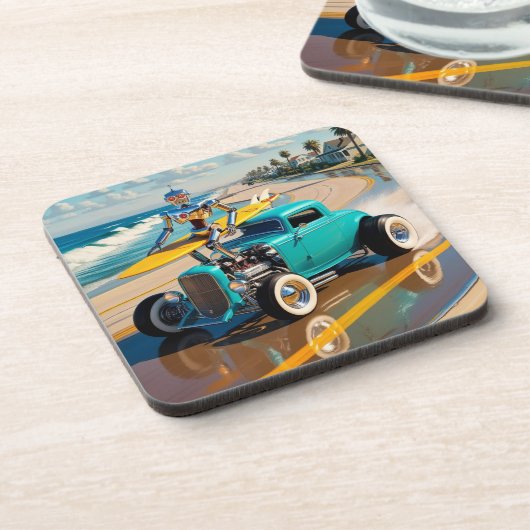 robot met surfplank, op het strand bier onderzetter (Linkerzijde)