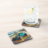  robot met surfplank, op het strand bier onderzetter (Rechterzijde)