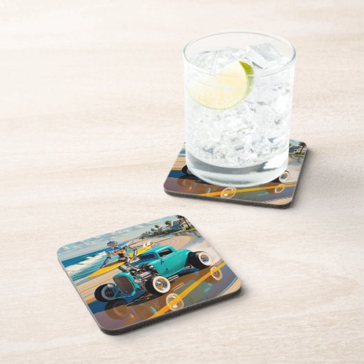 robot met surfplank, op het strand bier onderzetter (Rechterzijde)