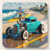 robot met surfplank, op het strand bier onderzetter (Voorkant)