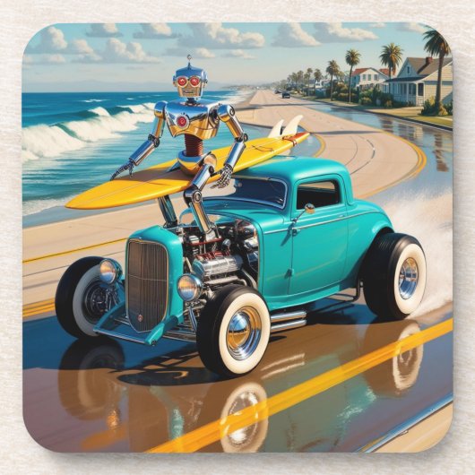  robot met surfplank, op het strand bier onderzetter (Voorkant)