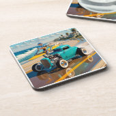  robot met surfplank, op het strand bier onderzetter (Linkerzijde)