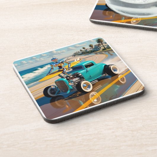  robot met surfplank, op het strand bier onderzetter (Linkerzijde)