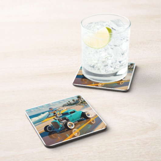  robot met surfplank, op het strand bier onderzetter (Rechterzijde)