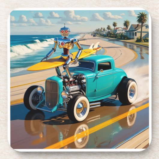  robot met surfplank, op het strand bier onderzetter (Voorkant)