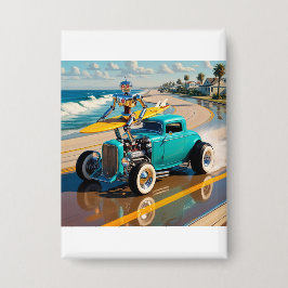  robot met surfplank, op het strand button