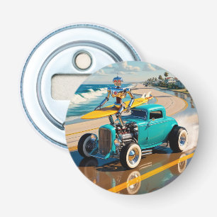 robot met surfplank, op het strand button flesopener