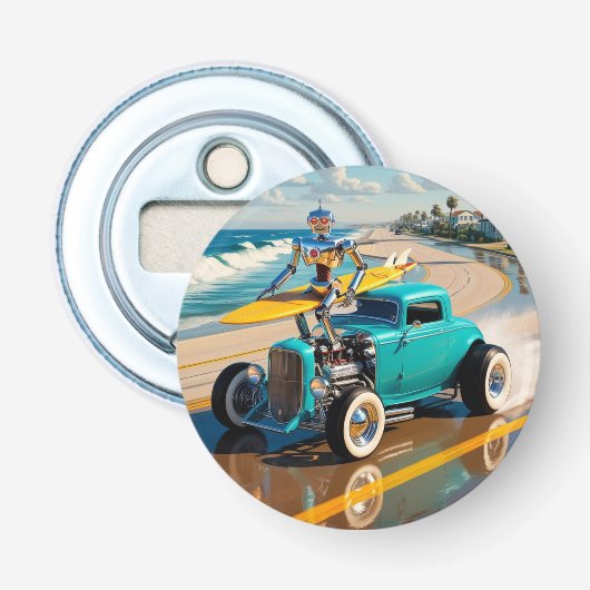  robot met surfplank, op het strand button flesopener (Voorkant)