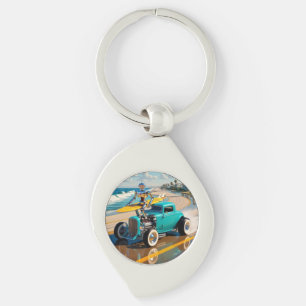  robot met surfplank, op het strand sleutelhanger