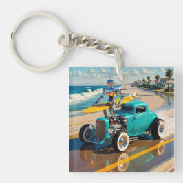  robot met surfplank, op het strand sleutelhanger