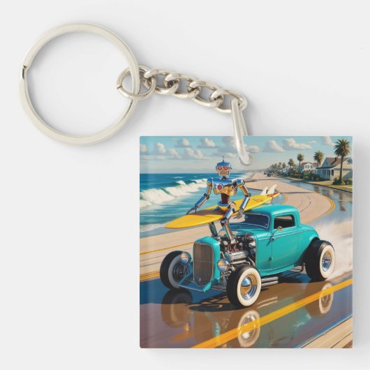  robot met surfplank, op het strand sleutelhanger (voorkant)