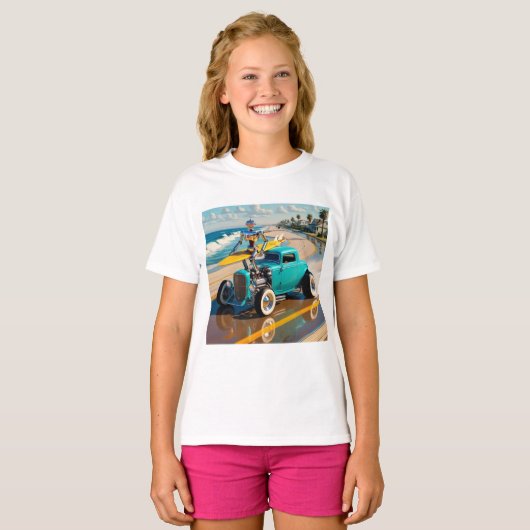  robot met surfplank, op het strand t-shirt (Voorkant volledig)