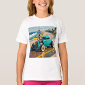 robot met surfplank, op het strand t-shirt (Voorkant)