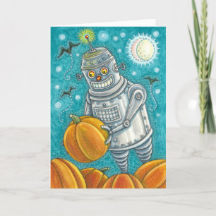 ROBOT PICKING PUMPKINS , HALLOEEN MECHANISCH MAN FEESTDAGEN KAART