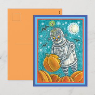 ROBOT PICKING PUMPKINS , HALLOEEN MECHANISCH MAN FEESTDAGENKAART