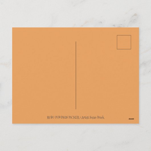 ROBOT PICKING PUMPKINS , HALLOEEN MECHANISCH MAN FEESTDAGENKAART (Achterkant)