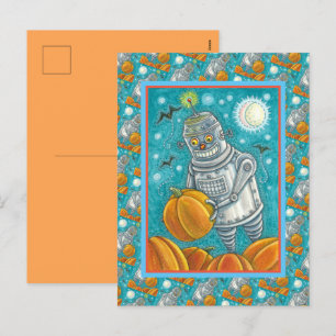ROBOT PICKING PUMPKINS , HALLOEEN MECHANISCH MAN FEESTDAGENKAART