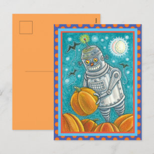 ROBOT PICKING PUMPKINS , HALLOEEN MECHANISCH MAN FEESTDAGENKAART