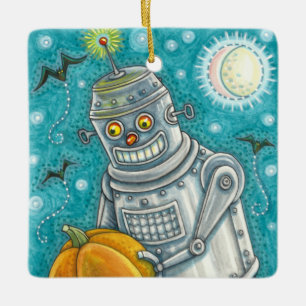 ROBOT PICKING PUMPKINS , HALLOEEN MECHANISCH MAN KERAMISCH ORNAMENT
