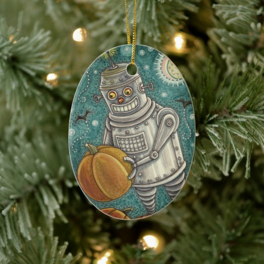 ROBOT PICKING PUMPKINS , HALLOEEN MECHANISCH MAN KERAMISCH ORNAMENT (Boom)