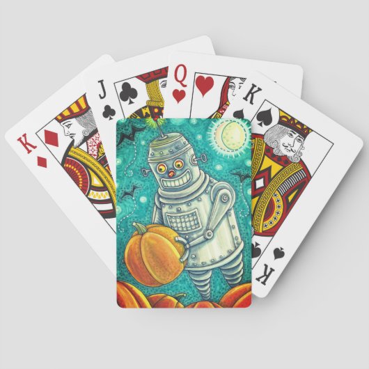 ROBOT PICKING PUMPKINS , HALLOEEN MECHANISCH MAN POKERKAARTEN (Achterkant)